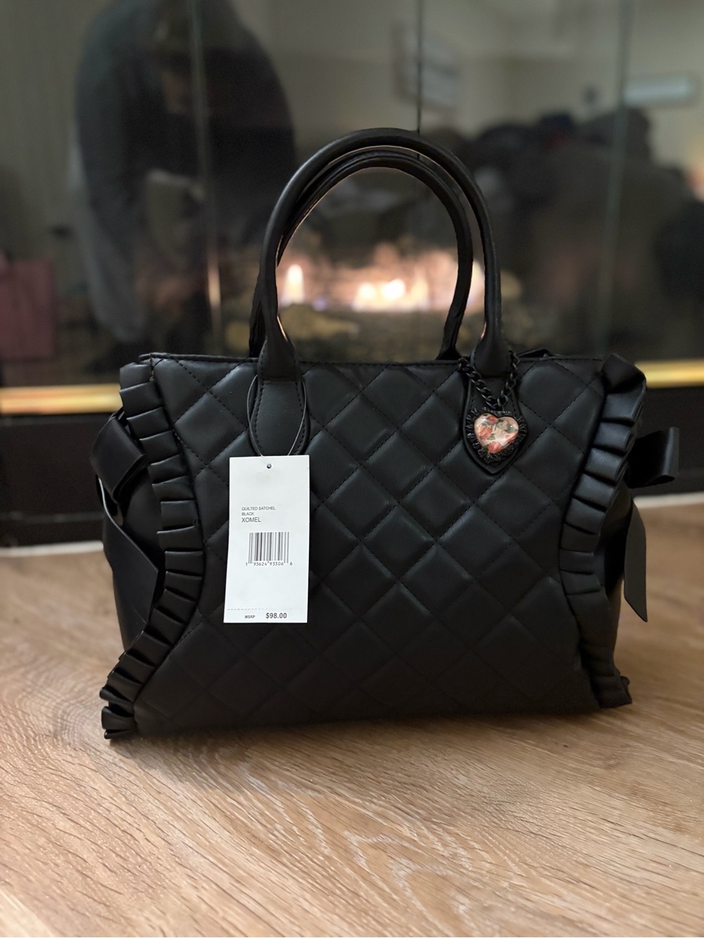 Betsey Johnson black quilted satchel bag with Heart Charm